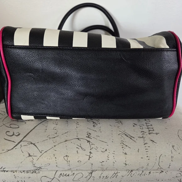 SOLD Betsey Johnson Black and White Striped Satchel w/Pink Accents - Picture 10 of 14